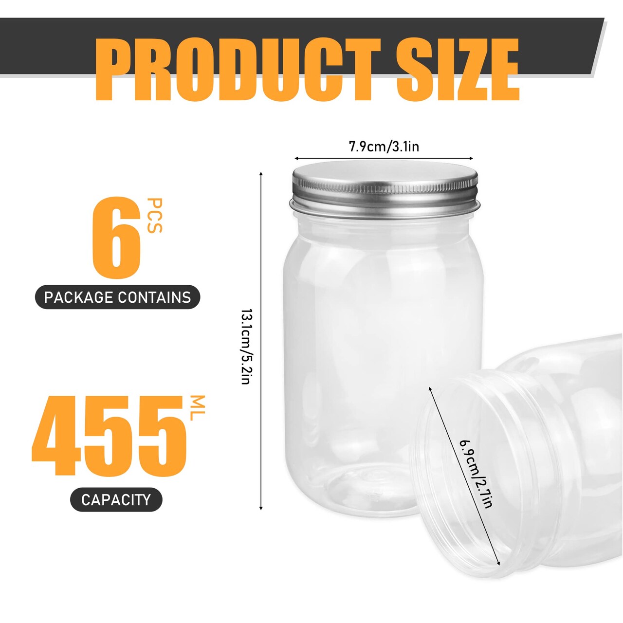 6 Pieces 16 Ounce Clear Plastic Mason Jars Containers With Screw Sealing Metal Tinplate Lids,Refillable Empty PET Plastic Slime Candy Storage Jars Containers for Home Kitchen Art Craft
